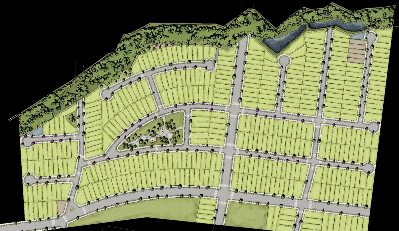 Planta ilustrada do ARBO Village Park, com quadras, lotes, ruas e a praça central